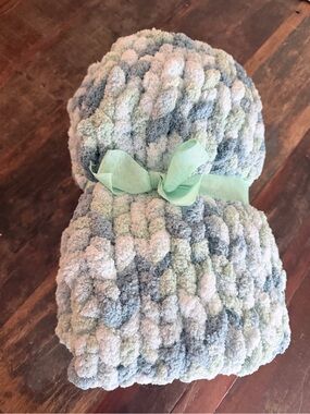 Plush Chenille Throw Blanket in Pale Blue and Mint